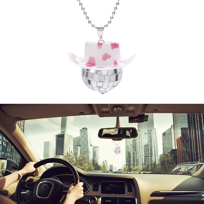 Cowboy Hat Disco Ball Car Ornamen Shiny Rearview Mirror Hanging Acessory Cow Red