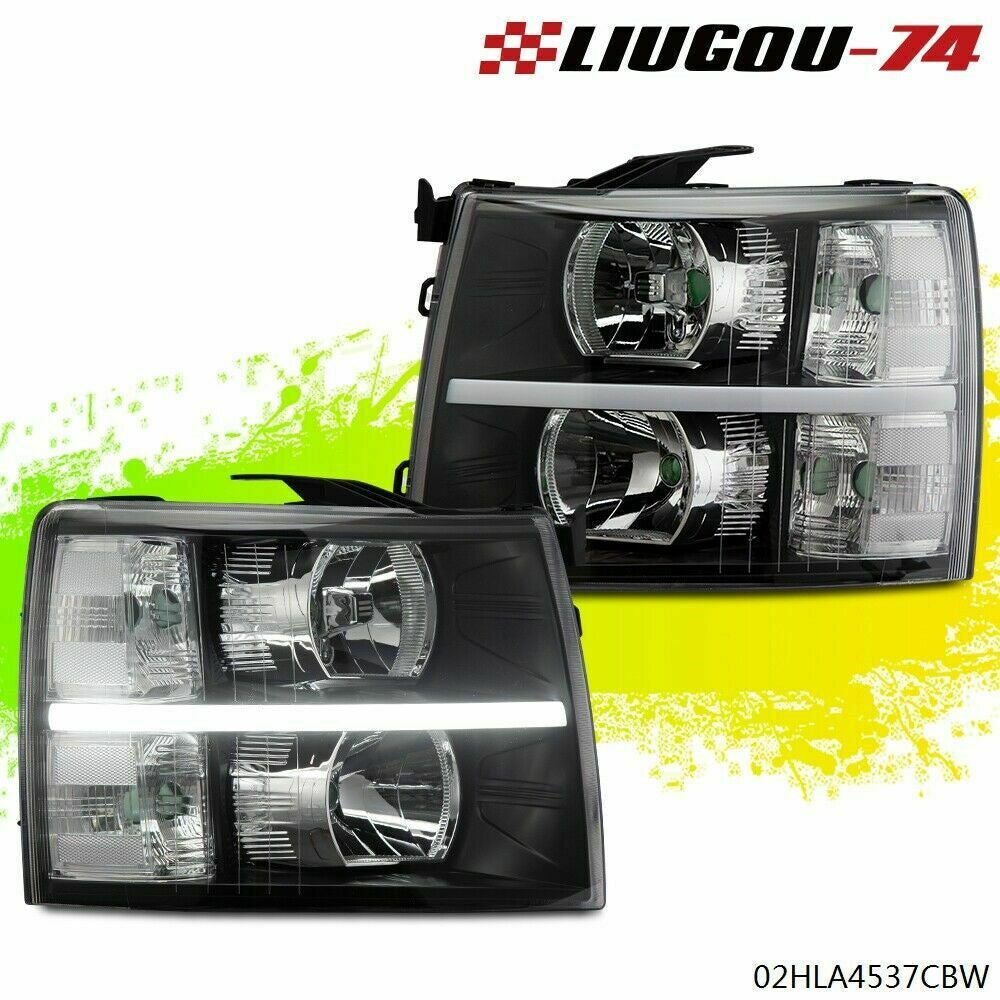 Suitable for Silverado 2007 - 14 Black housing, clear lens, LED DRL strip headlights (USA)