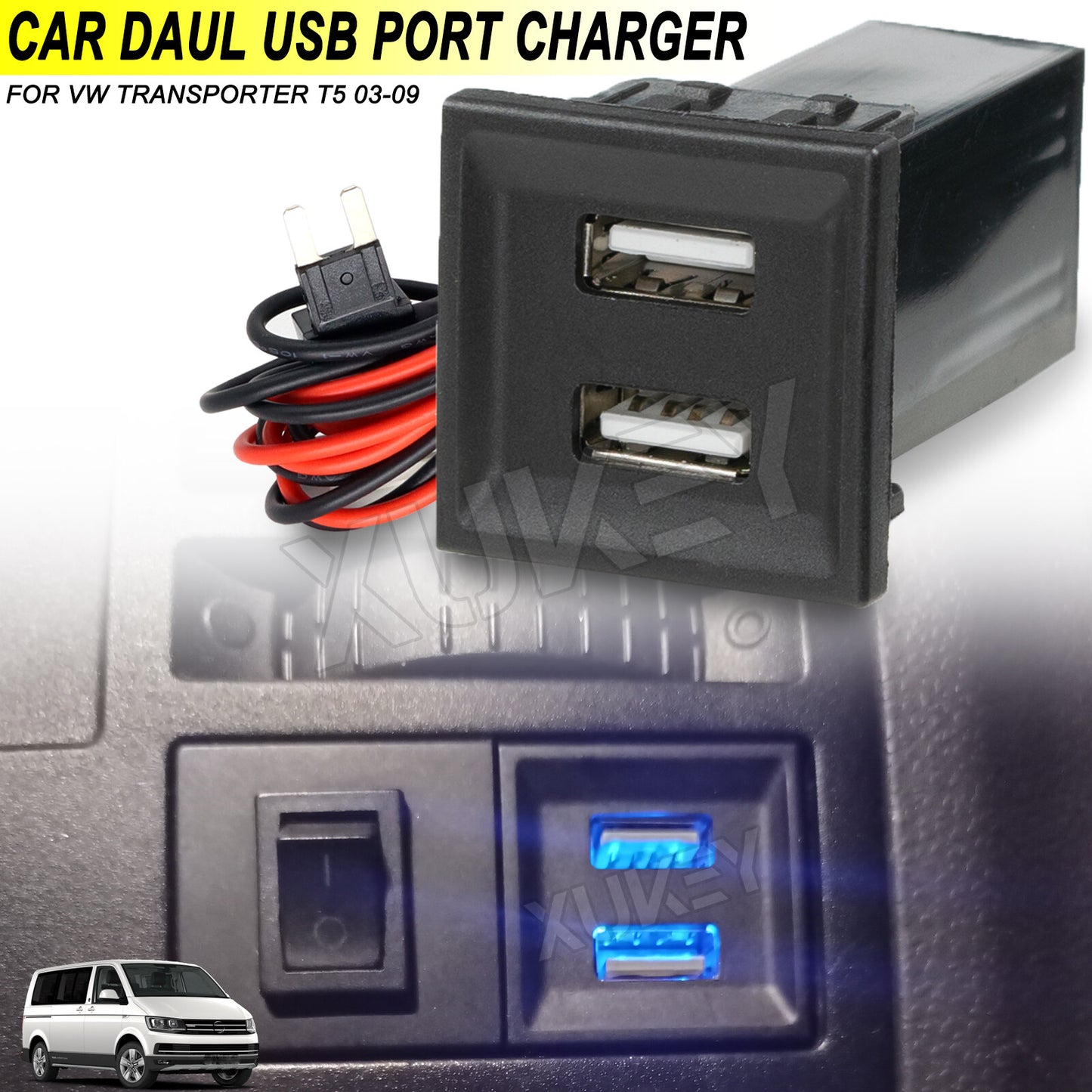 Fast Car Dual USB Charger LED Female Light Phone Outlet for VW T5 DE