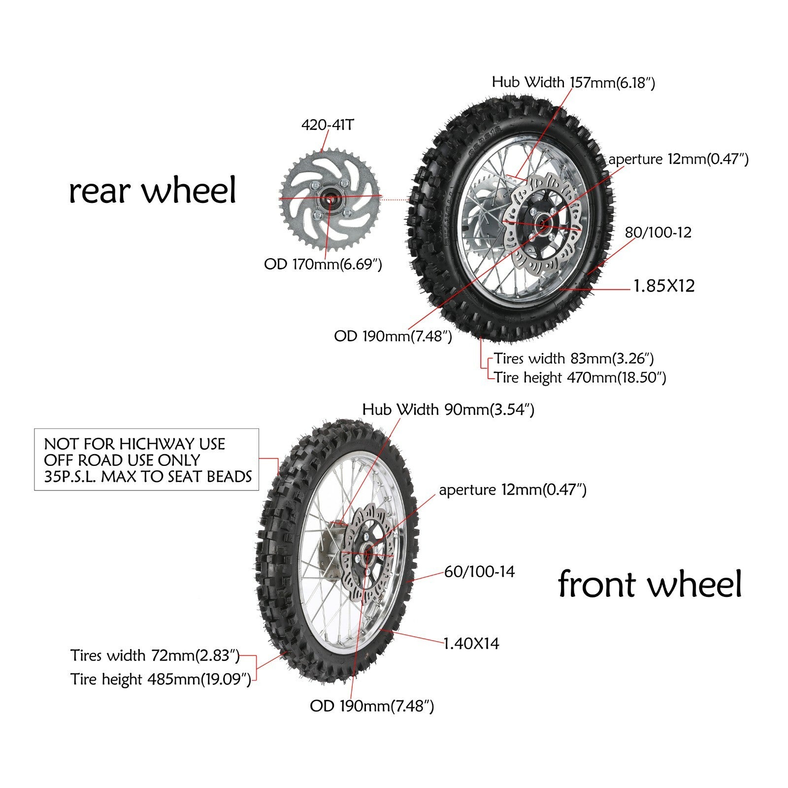14-inch front 60/100-14 + 12-inch rear 80/100-12 tires, rims, brakes; Apollo 125cc CRF110