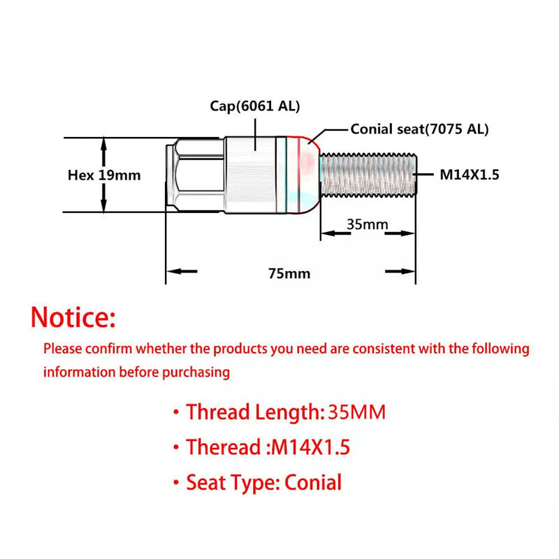20PCS M14x1.5 Red Wheel Lug Bolt 35mm Shank Cone for Seat Stud for Most Aftermarket