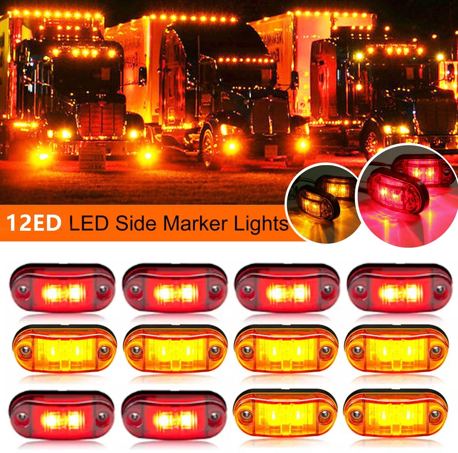 12-Pack Side Marker Lights 2.5-inch LED Truck Trailer Oval Gap Lights Amber and Red