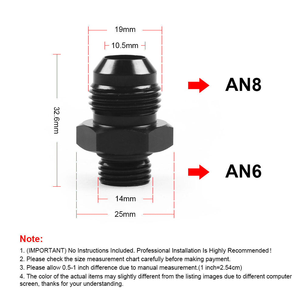 2-Pack ORB-6 O-ring Boss AN6 6AN to AN8 8AN Male Adapter Accessories - Black Aluminum