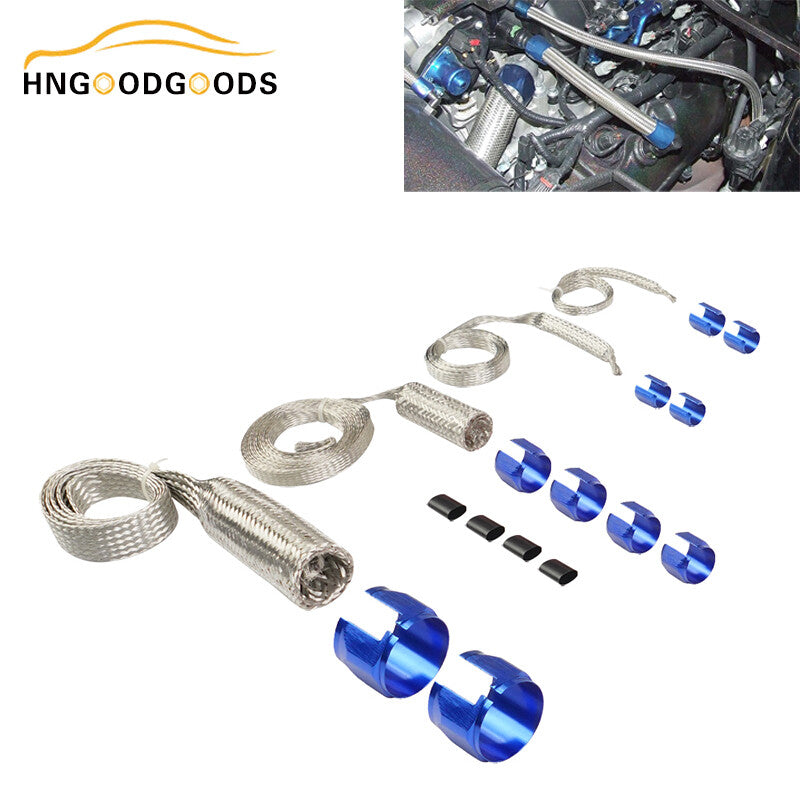 Blue Universal Radiator Hose Sleeve Aluminum Braided Hose Cover Kit