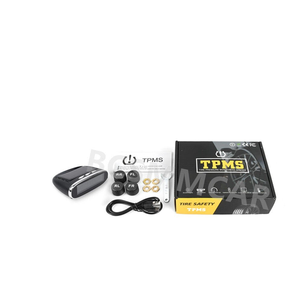 Wireless Solar TPMS LCD Car Tire Pressure Monitoring System 4 External Sensors