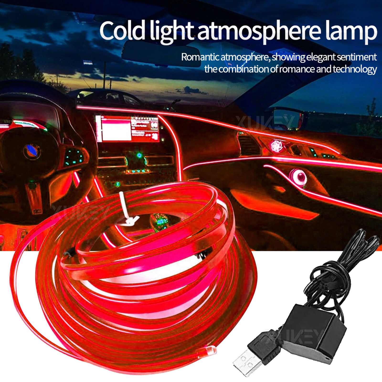 Red LED Strip Car Interior Center Console Ambient Lighting Lighting Bar 5M