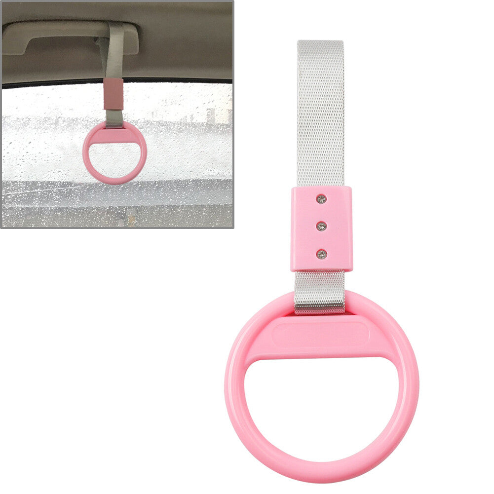 1Pc Car Pink Round Ring Train Bus Handle Hand Strap Drift Charm Tools White Belt