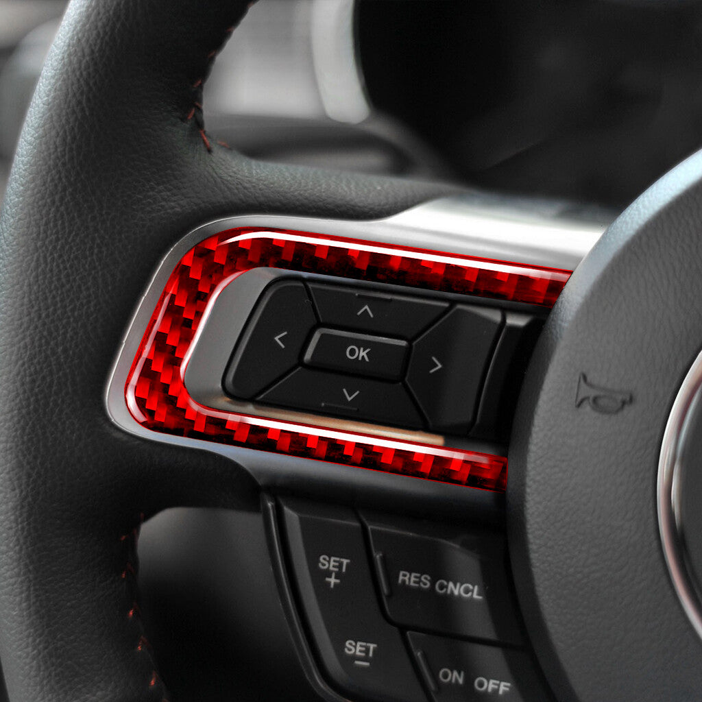 3¡ÁRed Carbon Fiber Interior Steering Wheel Button Cover for Ford for Mustang 2015-22