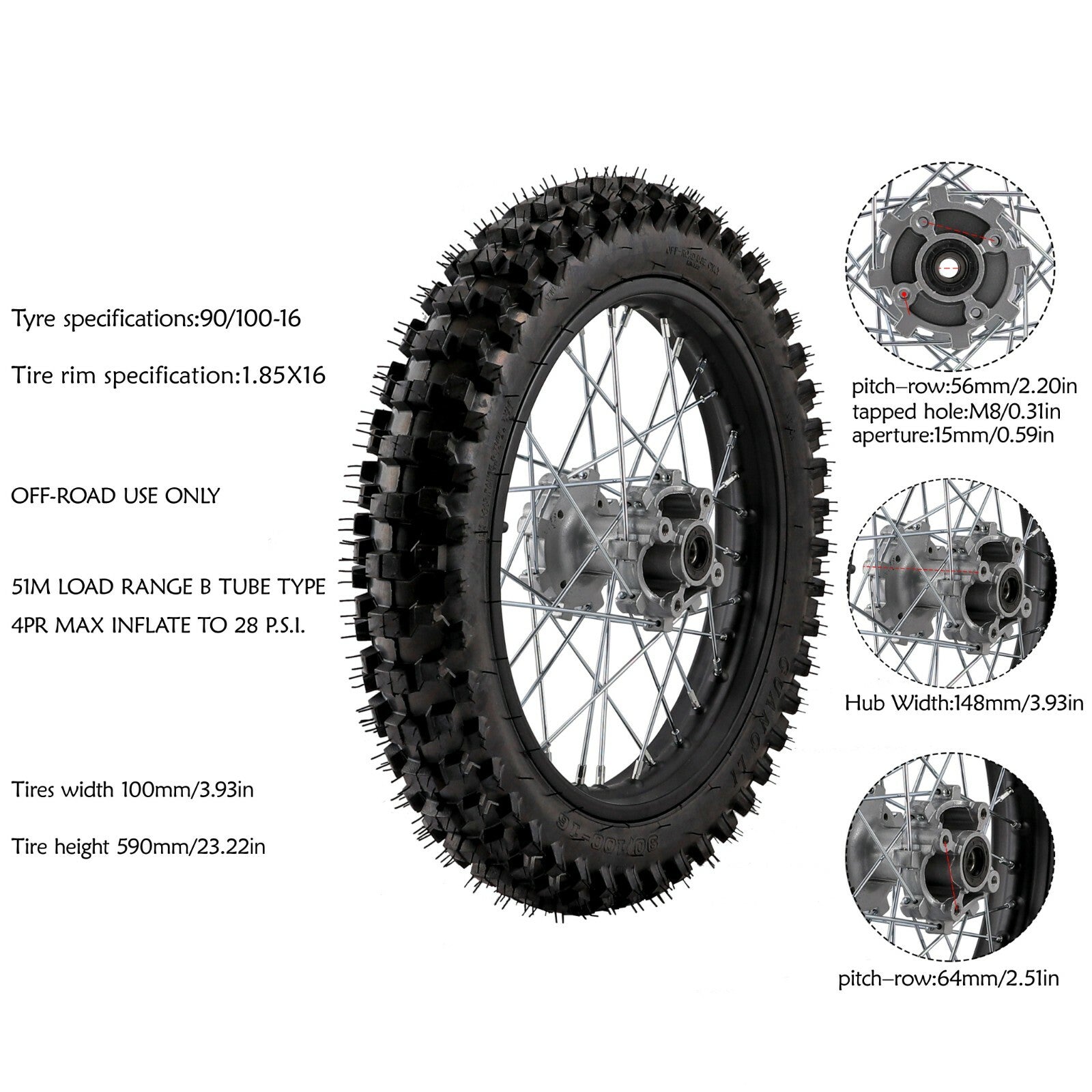 16-inch 90/100-16 rear tire rim for Dirt Pit bicycles, RM CR, for Honda